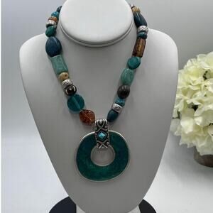 Chicos Southwestern Enamel Turquoise Blue Pendant Chunky Beaded Necklace